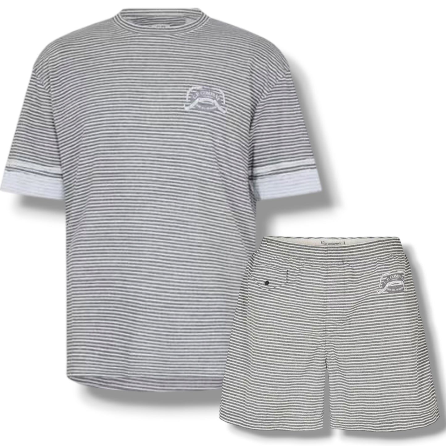 CP COMPANY THIN STRIPE T-SHIRT & SWIM SHORTS SET GUNMETAL GREY