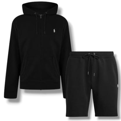 RALPH LAUREN TECH FULL ZIP HOODED SWEATSHIRT & JERSEY SHORTS SET BLACK