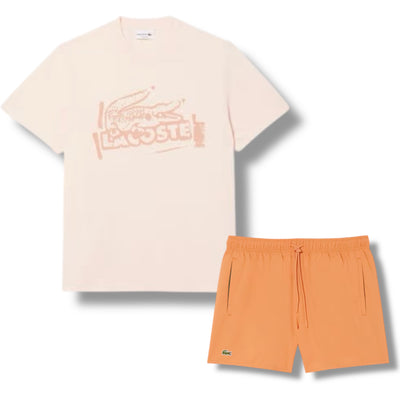LACOSTE LARGE LOGO T-SHIRT & SWIM SHORTS SET ORANGE