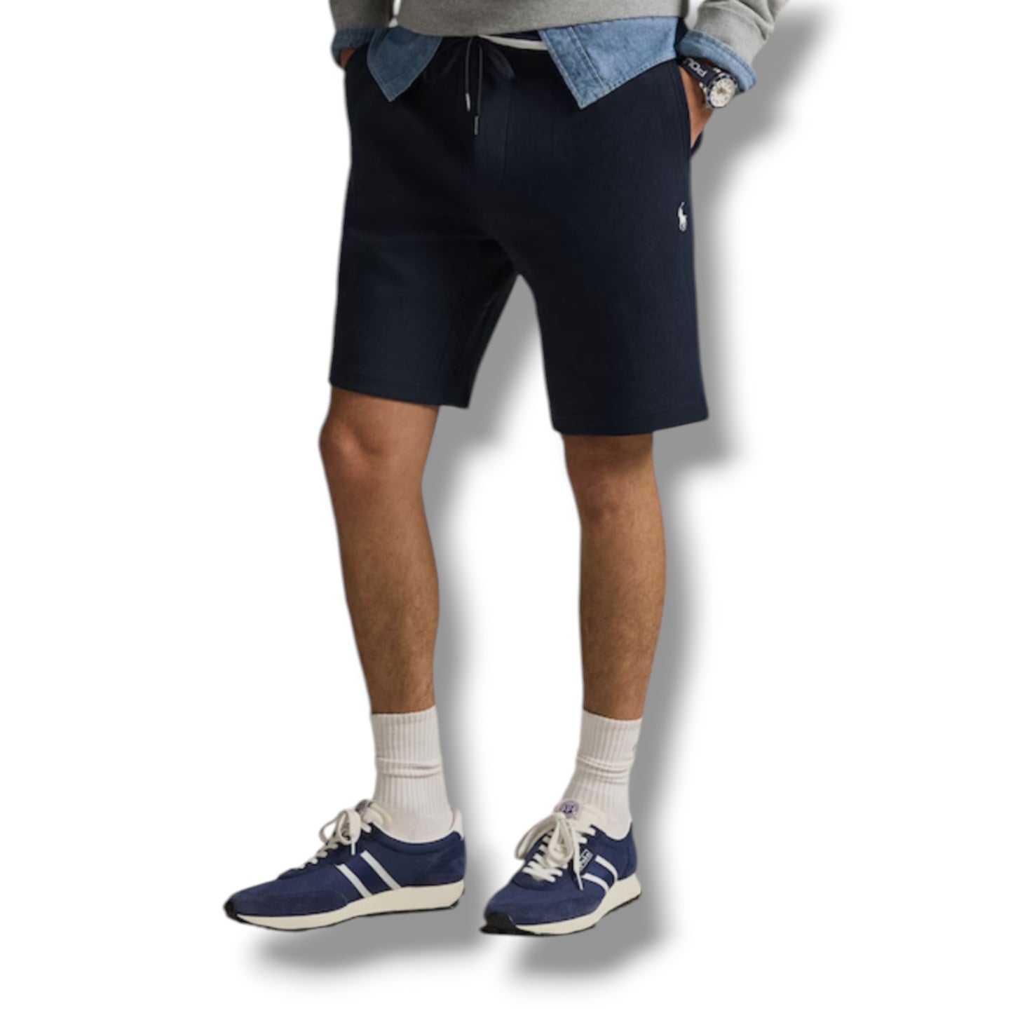 RALPH LAUREN TECH FULL ZIP HOODED SWEATSHIRT & JERSEY SHORTS SET NAVY BLUE