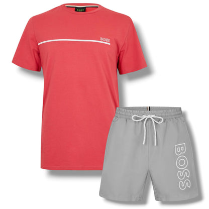 HUGO BOSS STORM T-SHIRT & SWIM SET CORAL RED & GREY