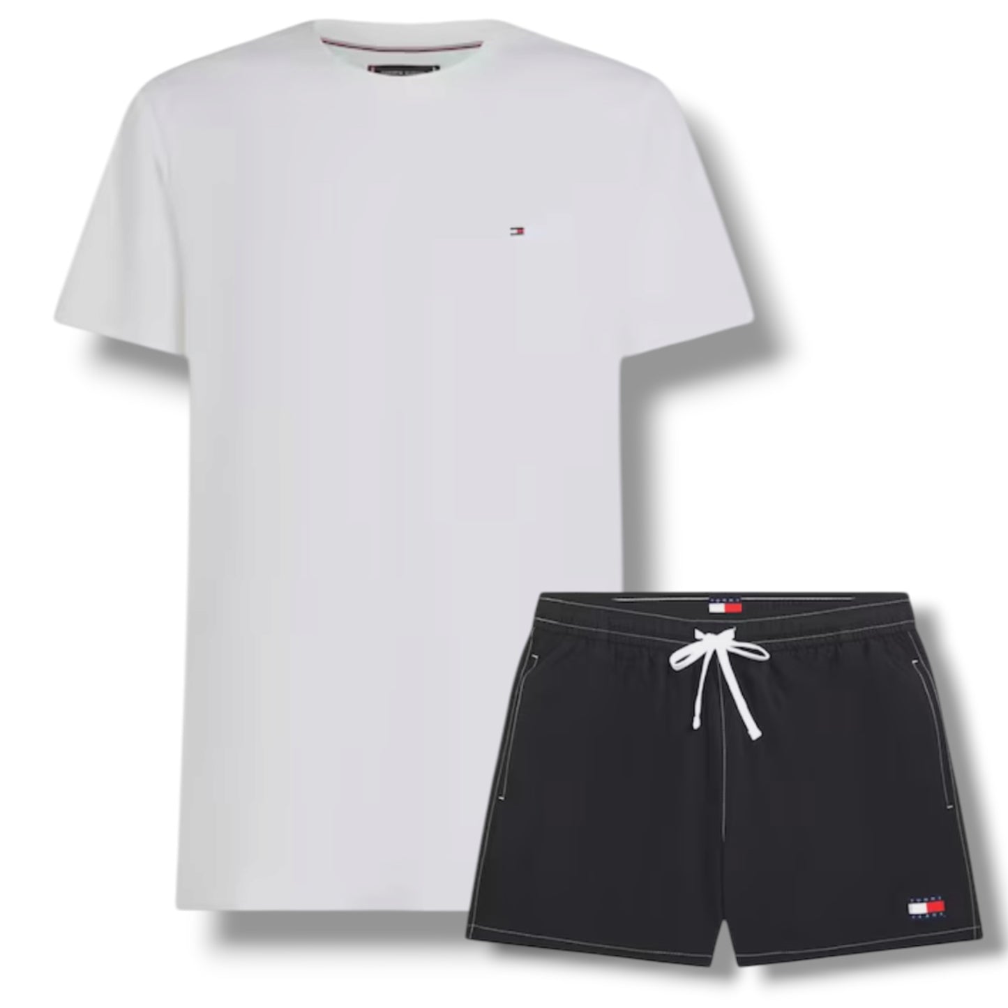 TOMMY HILFIGER SMALL LOGO T-SHIRT & SWIM SHORTS SET WHITE & BLACK