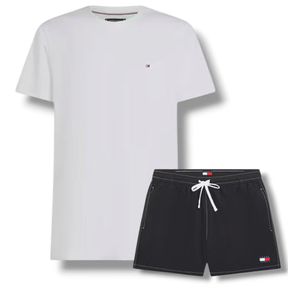 TOMMY HILFIGER SMALL LOGO T-SHIRT & SWIM SHORTS SET WHITE & BLACK