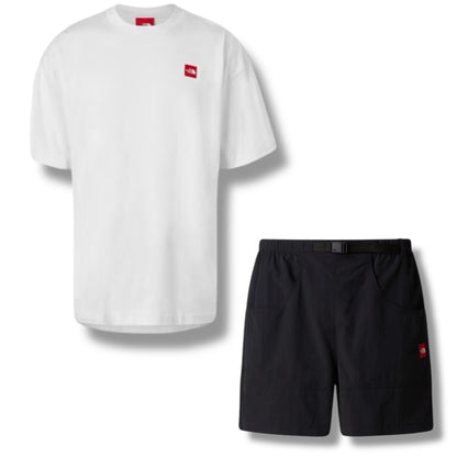 THE NORTH FACE TNF RED BOX T-SHIRT & NYLON SHORTS SET WHITE & BLACK