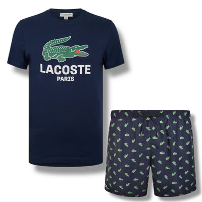 LACOSTE LARGE LOGO T-SHIRT & ALL OVER LOGO SWIM SHORTS SET NAVY & NAVY BLUE