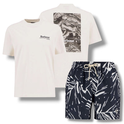BARBOUR MAP BACK LOGO T-SHIRT & FLORAL SWIM SHORTS SET BEIGE & NAVY BLUE
