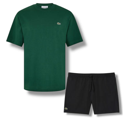 LACOSTE SMALL LOGO T-SHIRT & SWIM SHORTS SET GREEN & BLACK