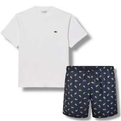 LACOSTE SMALL LOGO T-SHIRT & ALL OVER SWIM SHORTS SET WHITE & NAVY BLUE