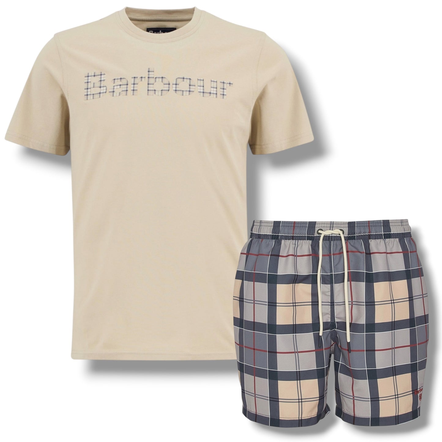 BARBOUR CHECK LOGO T-SHIRT & CHECK SWIM SHORTS SET BEIGE