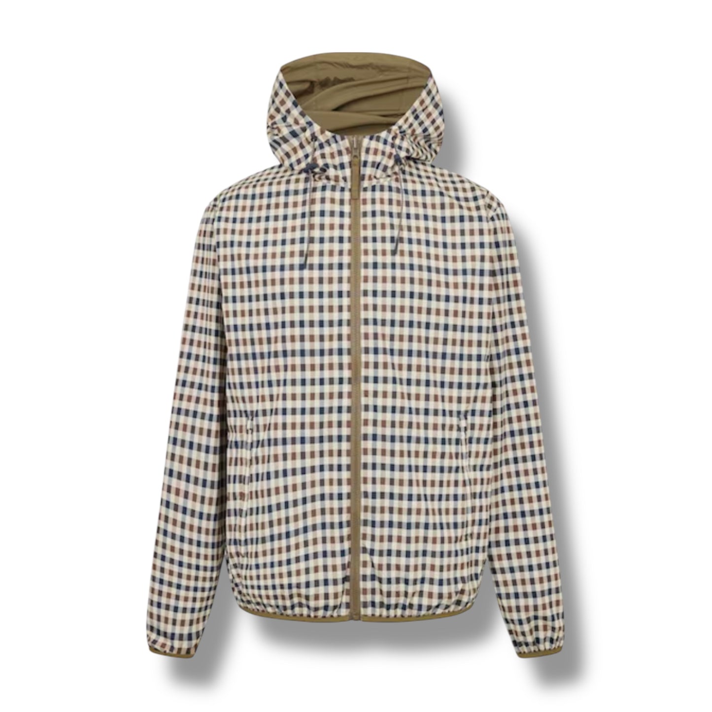 AQUASCUTUM HOODED RAIN JACKET REVERSIBLE KHAKI GREEN - CHECK