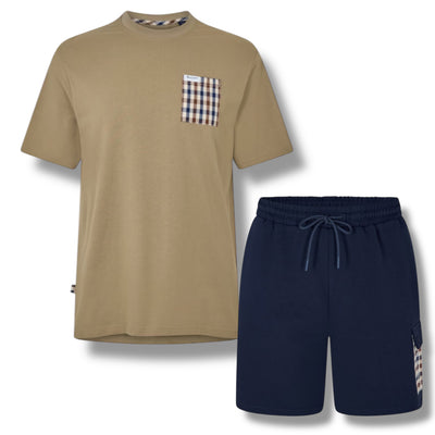 AQUASCUTUM PATCH POCKET T-SHIRT & SIDE POCKET SWIM SHORTS SET KHAKI GREEN - NAVY