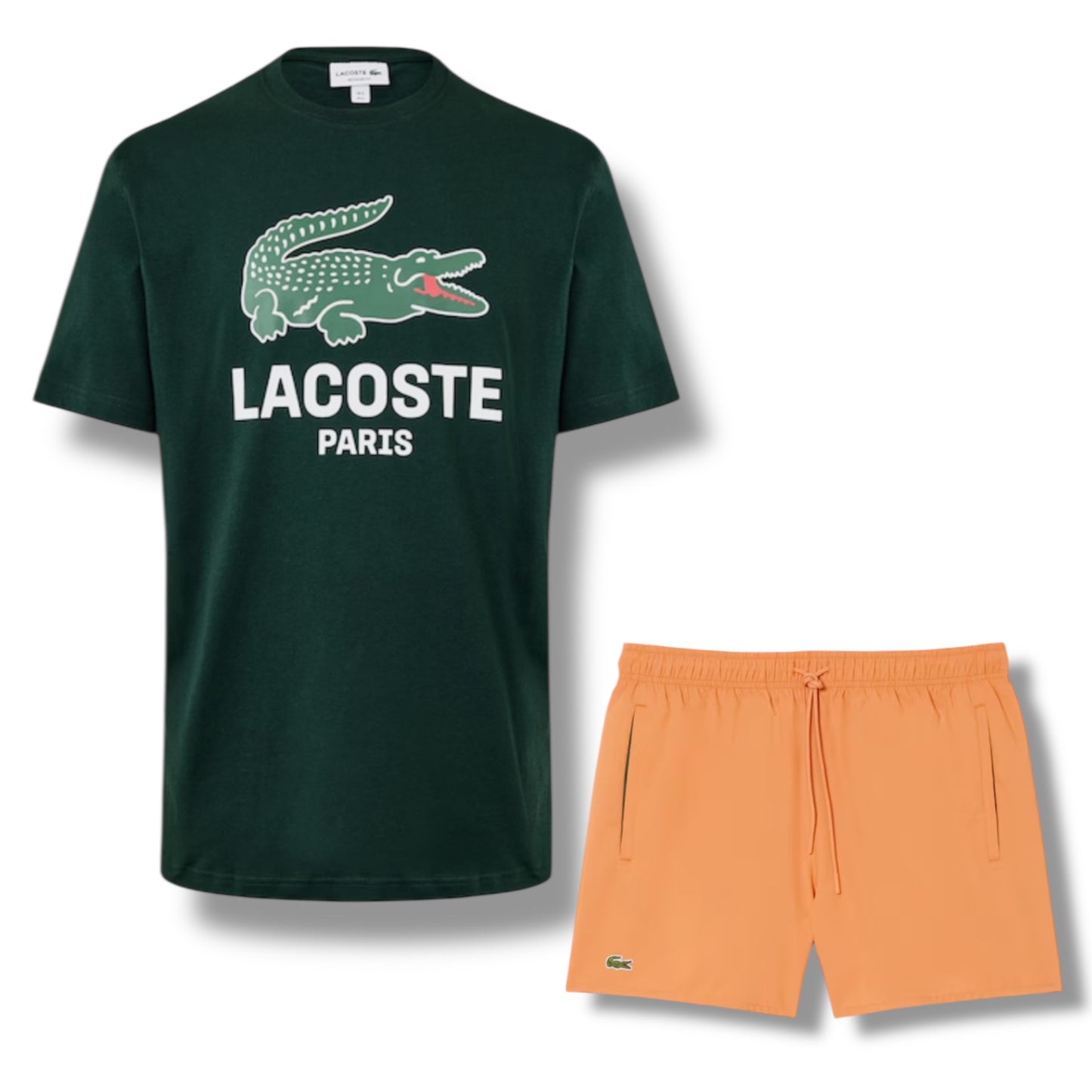 LACOSTE LARGE LOGO T-SHIRT & SWIM SHORTS SET GREEN & ORANGE