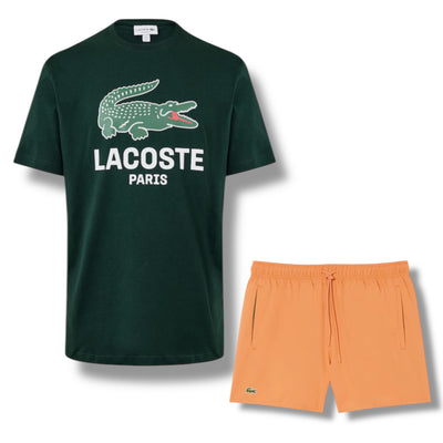 LACOSTE LARGE LOGO T-SHIRT & SWIM SHORTS SET GREEN & ORANGE