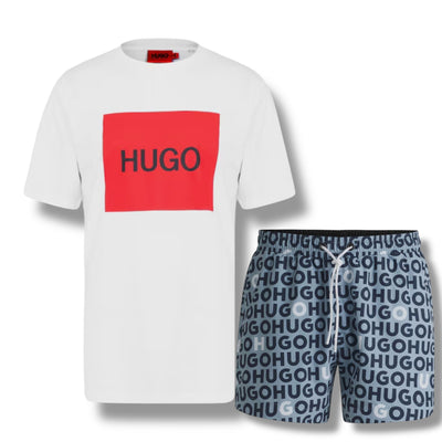 HUGO BIG BOX LOGO T-SHIRT & ALL OVER SWIM SHORTS SET WHITE & LIGHT BLUE