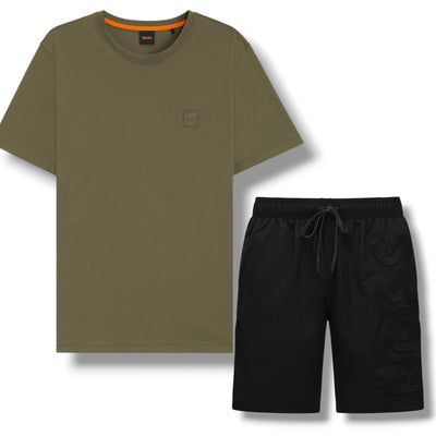 HUGO BOSS PATCH T-SHIRT & VERTI LOGO SWIM SHORTS SET KHAKI GREEN & BLACK