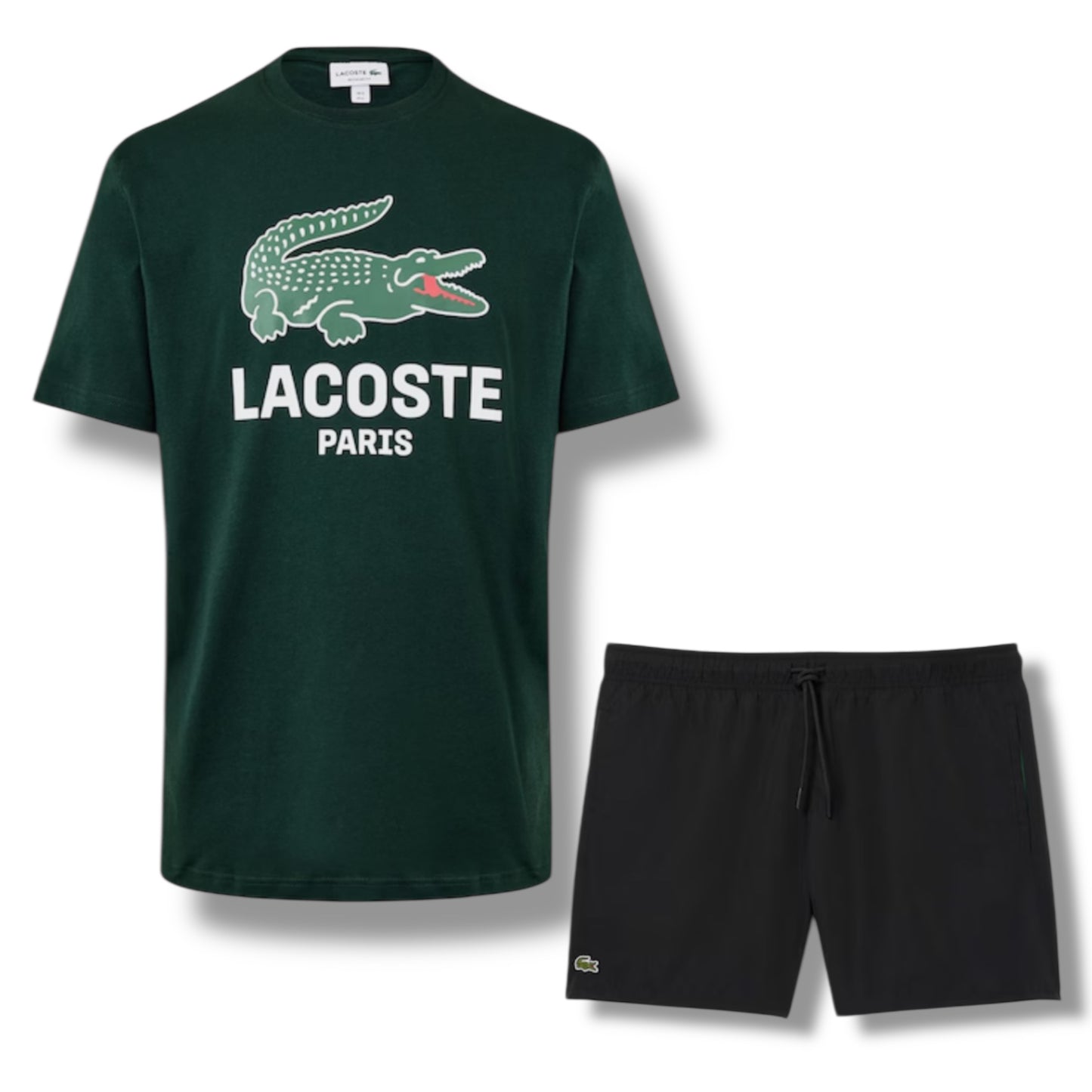 LACOSTE LARGE LOGO T-SHIRT & SWIM SHORTS SET GREEN & BLACK