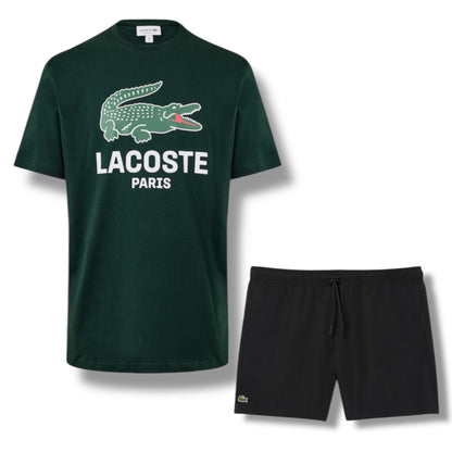 LACOSTE LARGE LOGO T-SHIRT & SWIM SHORTS SET GREEN & BLACK