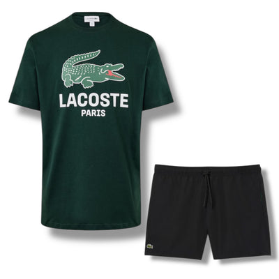LACOSTE LARGE LOGO T-SHIRT & SWIM SHORTS SET GREEN & BLACK