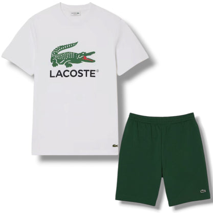 LACOSTE LARGE LOGO T-SHIRT & JERSEY SHORTS SET WHITE & GREEN