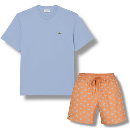 LACOSTE SMALL LOGO T-SHIRT & ALL OVER LOGO SWIM SHORTS SET LIGHT BLUE & ORANGE