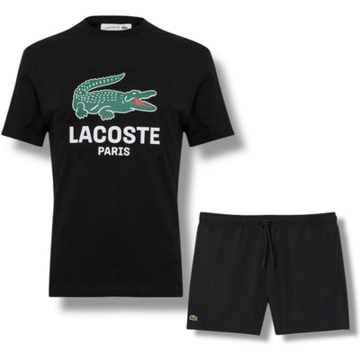 LACOSTE LARGE LOGO T-SHIRT & SWIM SHORTS SET BLACK & BLACK