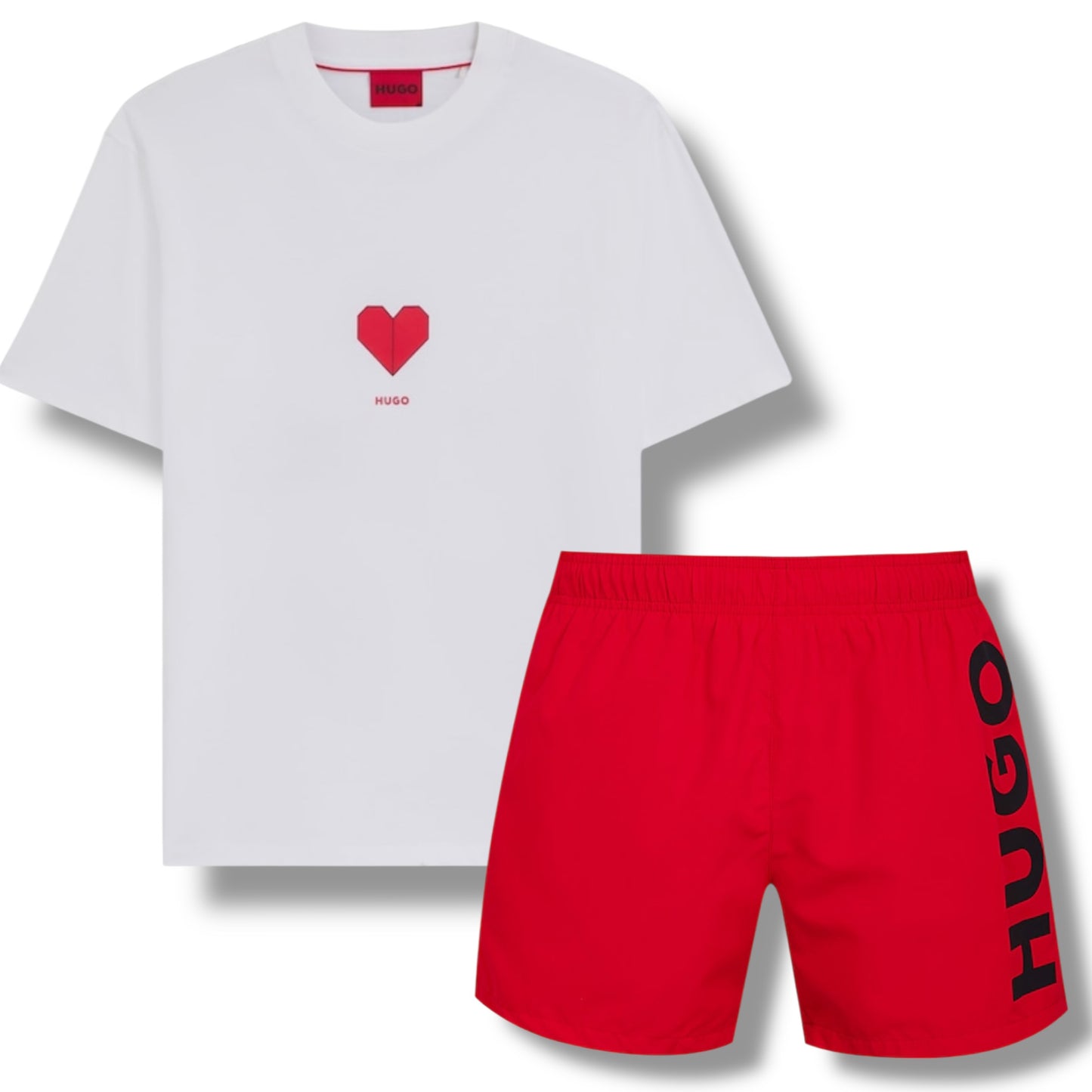 HUGO HEART LOGO T-SHIRT & VERTI SWIM SHORTS SET WHITE - RED & RED
