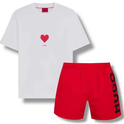 HUGO HEART LOGO T-SHIRT & VERTI SWIM SHORTS SET WHITE - RED & RED