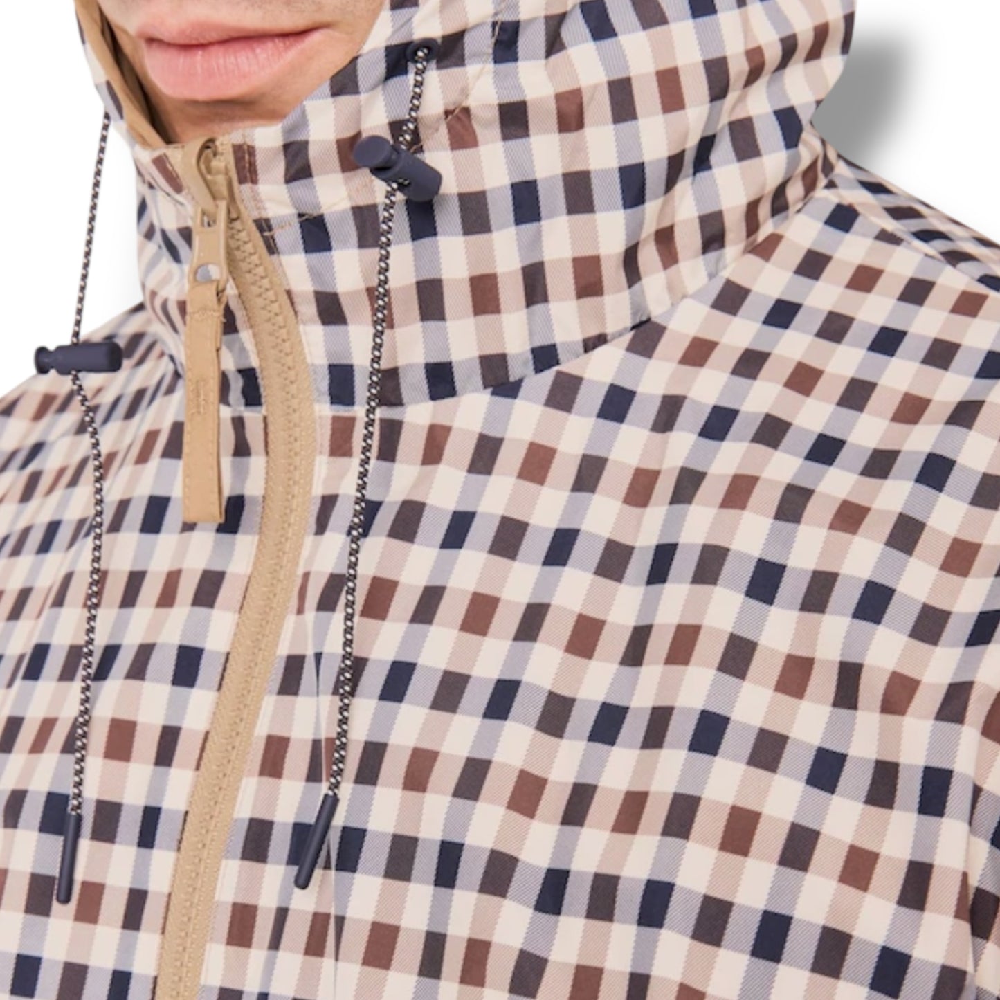 AQUASCUTUM HOODED RAIN JACKET REVERSIBLE KHAKI GREEN - CHECK