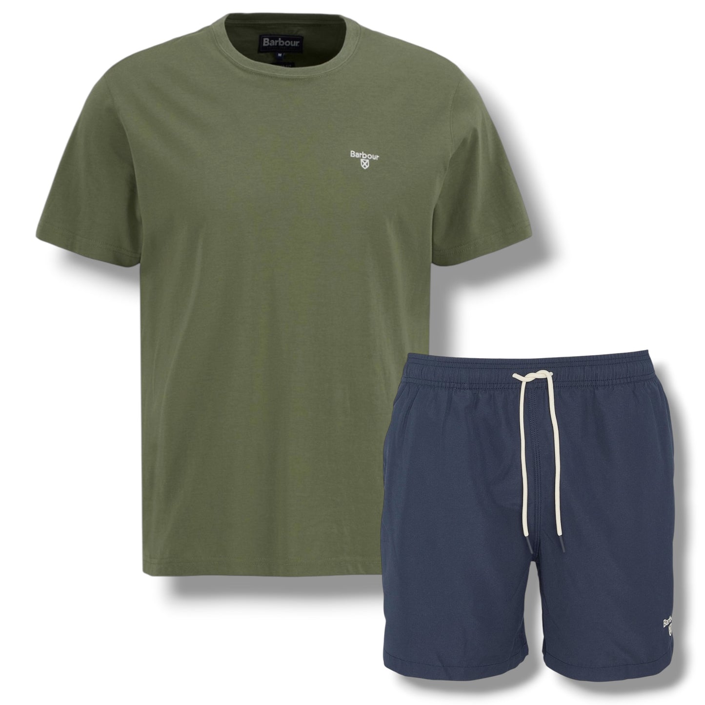 BARBOUR SMALL LOGO T-SHIRT & SWIM SHORTS SET OLIVE GREEN & NAVY BLUE