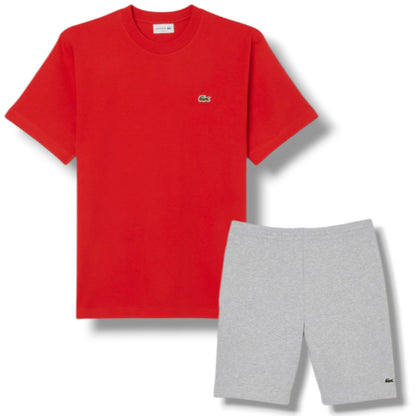 LACOSTE SMALL LOGO T-SHIRT & JERSEY SHORTS SET RED & GREY