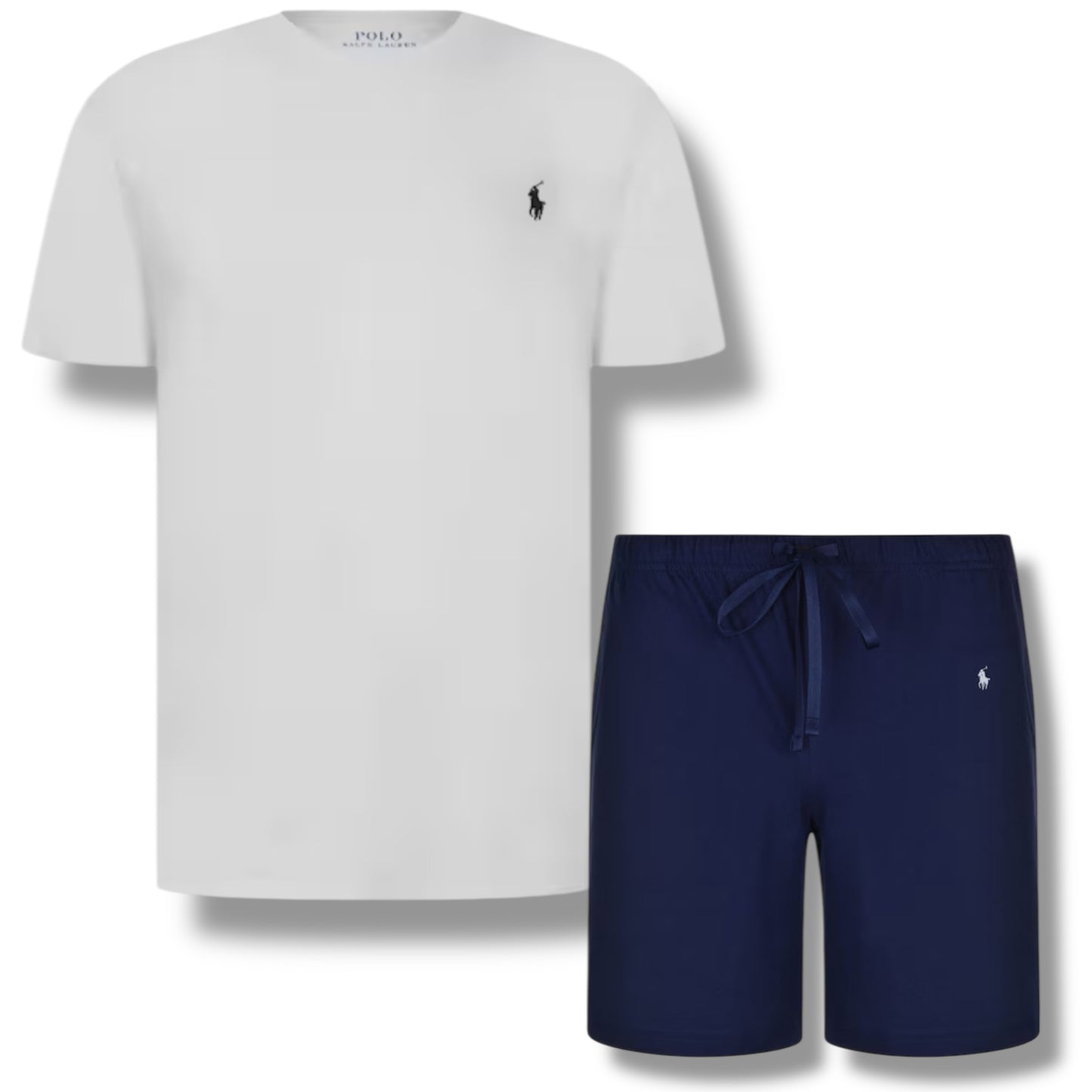 RALPH LAUREN LOGO T-SHIRT & JERSEY SHORTS SET WHITE & NAVY BLUE