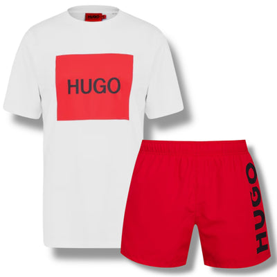 HUGO BIG BOX LOGO T-SHIRT & VERTI SWIM SHORTS SET WHITE & RED