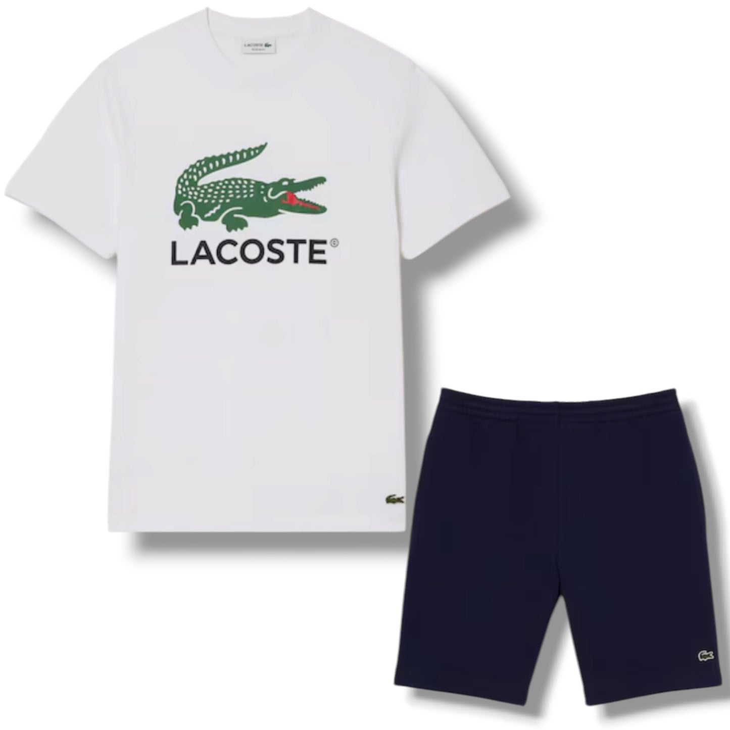 LACOSTE LARGE LOGO T-SHIRT & JERSEY SHORTS SET WHITE & NAVY BLUE