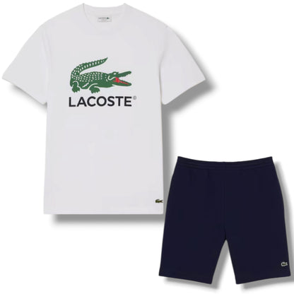 LACOSTE LARGE LOGO T-SHIRT & JERSEY SHORTS SET WHITE & NAVY BLUE