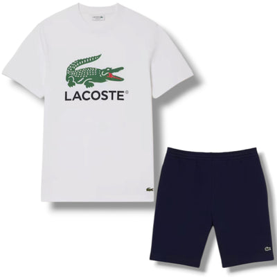 LACOSTE LARGE LOGO T-SHIRT & JERSEY SHORTS SET WHITE & NAVY BLUE