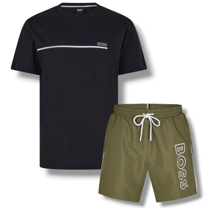 HUGO BOSS STORM T-SHIRT & SWIM SET BLACK & KHAKI GREEN