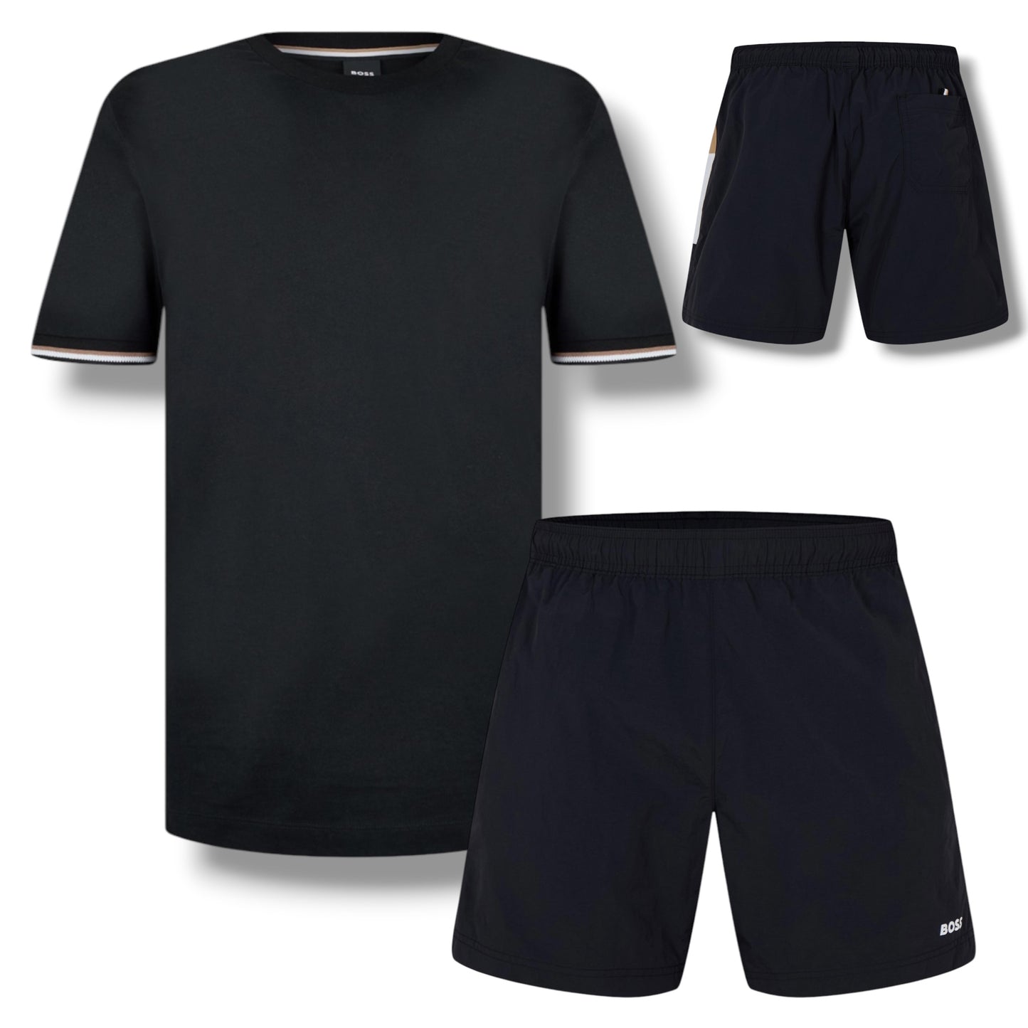HUGO BOSS SLEEVE TRI TRIM T-SHIRT & SIDE TRIM SWIM SHORTS SET BLACK