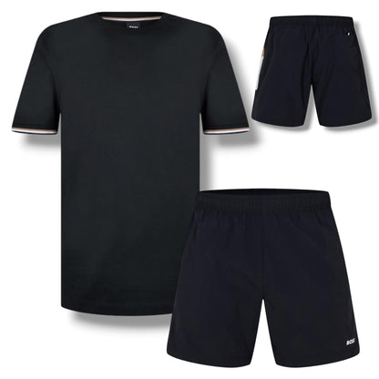 HUGO BOSS SLEEVE TRI TRIM T-SHIRT & SIDE TRIM SWIM SHORTS SET BLACK