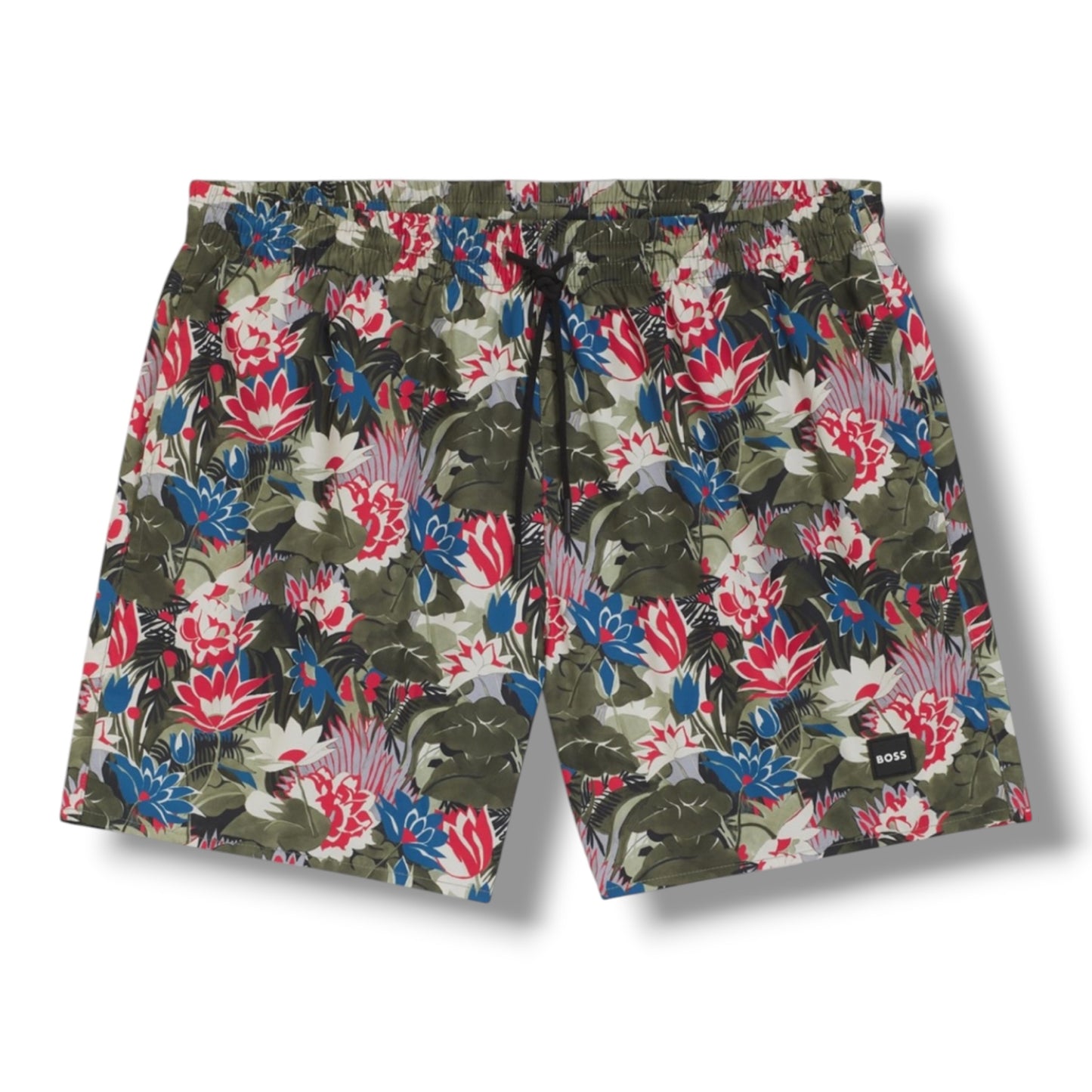 HUGO BOSS CENTRE LOGO T-SHIRT & FLORAL SWIM SHORTS SET WHITE & KHAKI GREN
