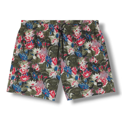 HUGO BOSS CENTRE LOGO T-SHIRT & FLORAL SWIM SHORTS SET WHITE & KHAKI GREN
