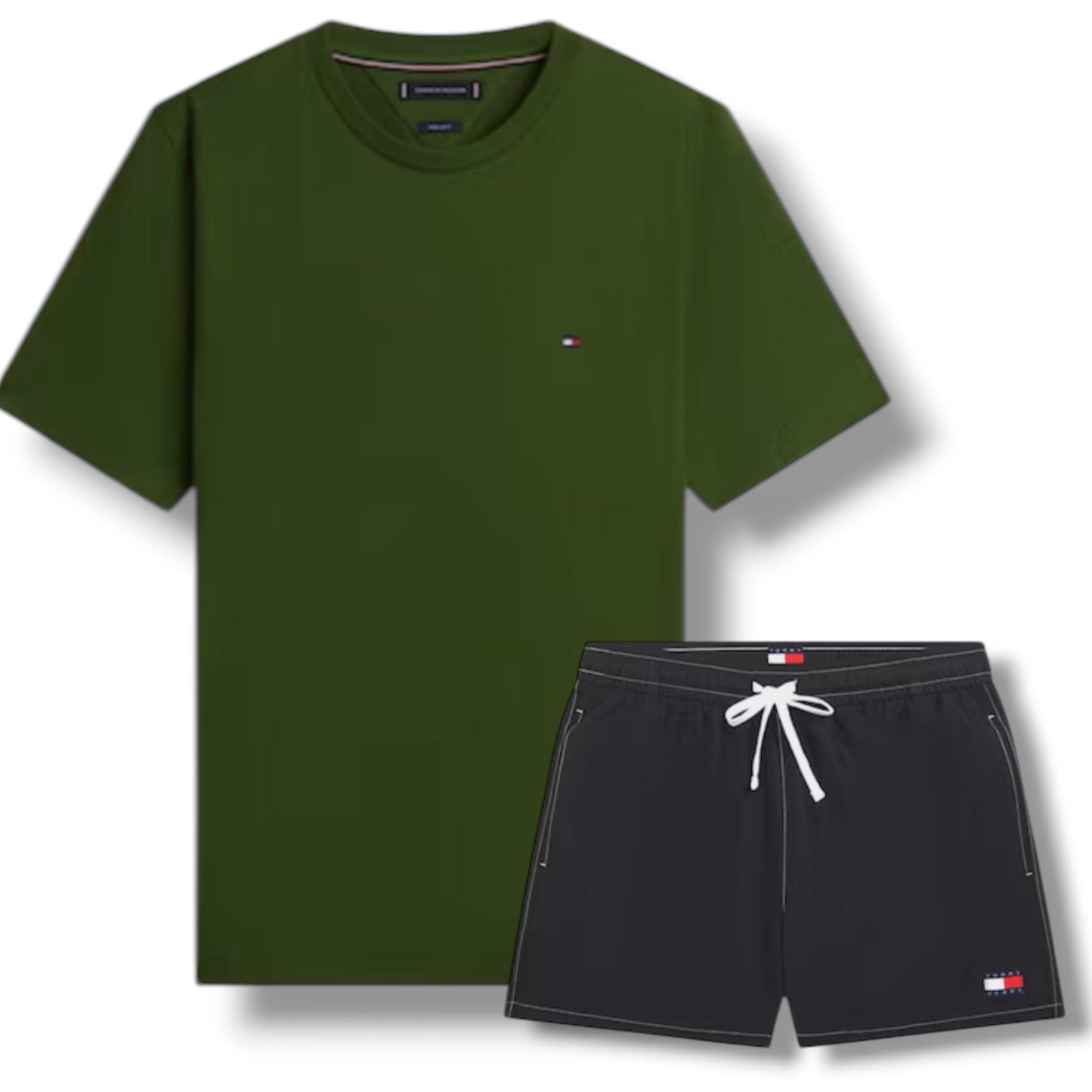 TOMMY HILFIGER SMALL LOGO T-SHIRT & SWIM SHORTS SET PINE GREEN & BLACK