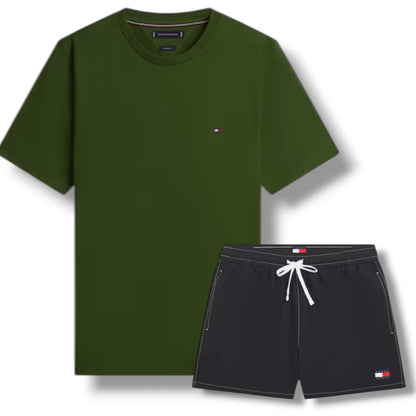 TOMMY HILFIGER SMALL LOGO T-SHIRT & SWIM SHORTS SET PINE GREEN & BLACK