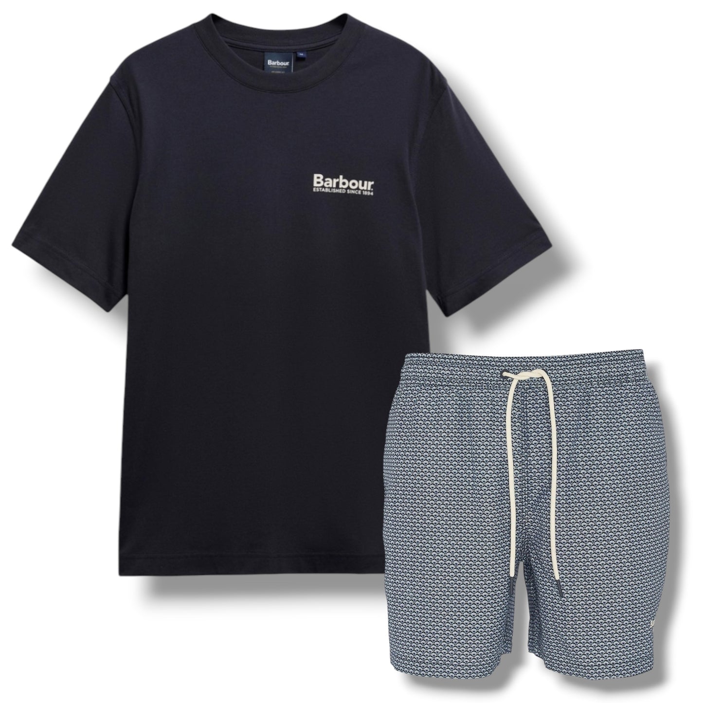 BARBOUR LIGHTHOUSE BACK LOGO T-SHIRT & SHELL SWIM SHORTS NAVY & NAVY BLUE