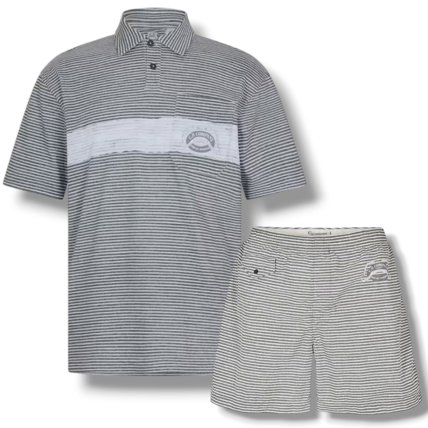 CP COMPANY THIN STRIPE POLO SHIRT & SWIM SHORTS SET GUNMETAL GREY