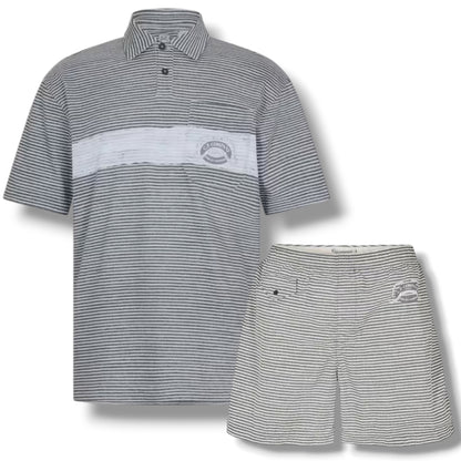 CP COMPANY THIN STRIPE POLO SHIRT & SWIM SHORTS SET GUNMETAL GREY
