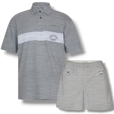 CP COMPANY THIN STRIPE POLO SHIRT & SWIM SHORTS SET GUNMETAL GREY