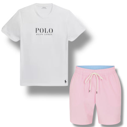 RALPH LAUREN POLO BIG LOGO T-SHIRT & SWIM SHORTS SET WHITE & LIGHT PINK