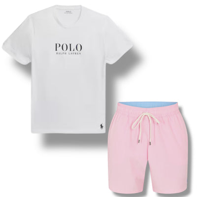 RALPH LAUREN POLO BIG LOGO T-SHIRT & SWIM SHORTS SET WHITE & LIGHT PINK
