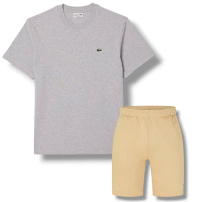 LACOSTE SMALL LOGO T-SHIRT & JERSEY SHORTS SET GREY & BEIGE