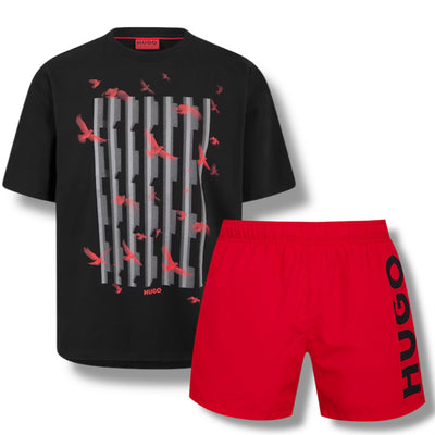 HUGO BIRD LOGO T-SHIRT & VERTI SWIM SHORTS SET BLACK & RED